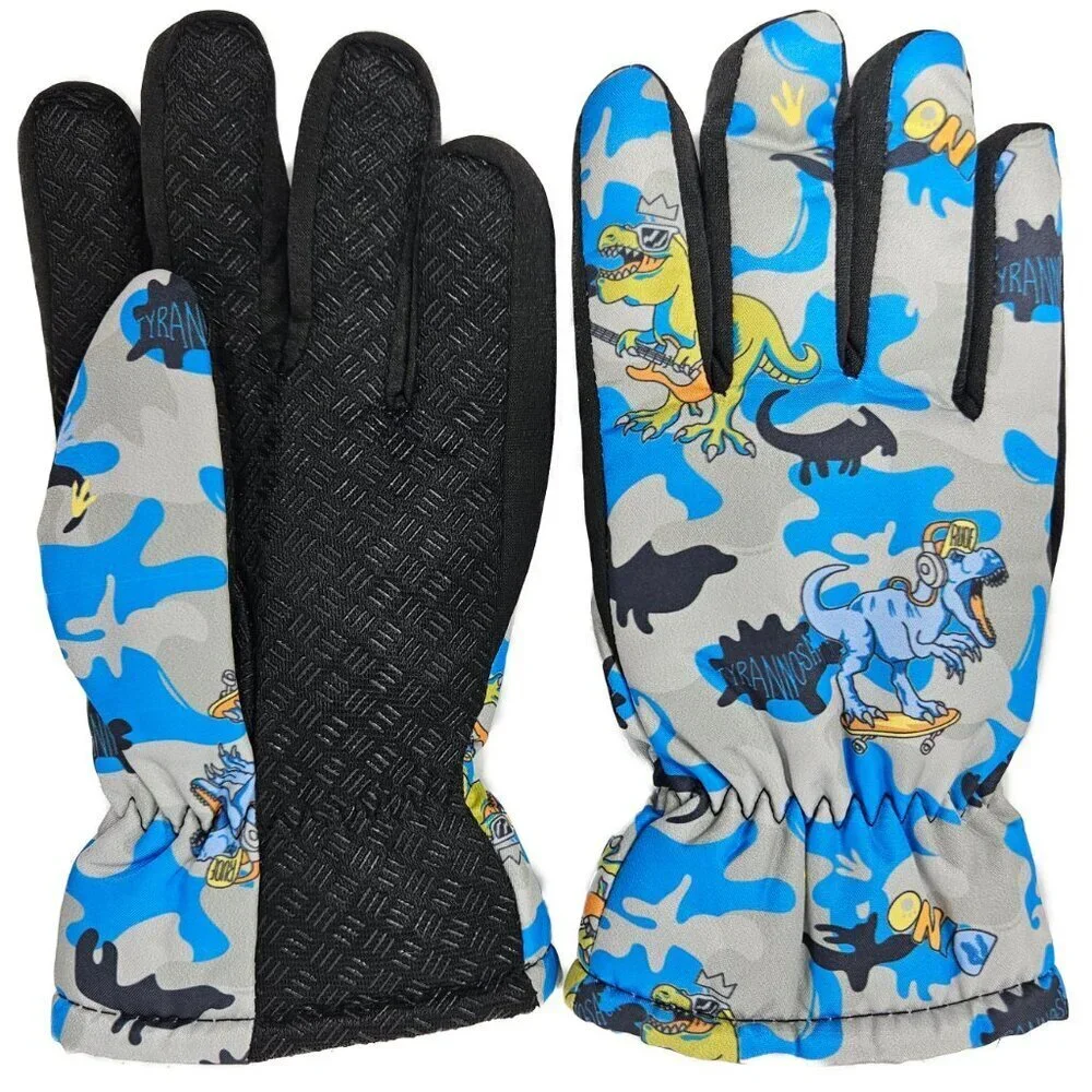 Kids Winter Gloves, Boys Girls Ski Glove, Faux Fur Lined Dinosaur Designs, Blue